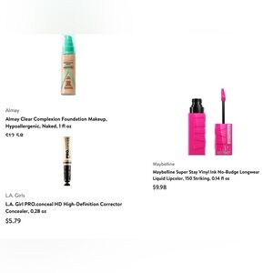 Maybelline Super Stay lipstick, Almay Clear Foundation, L.A. Girl PRO.conceal